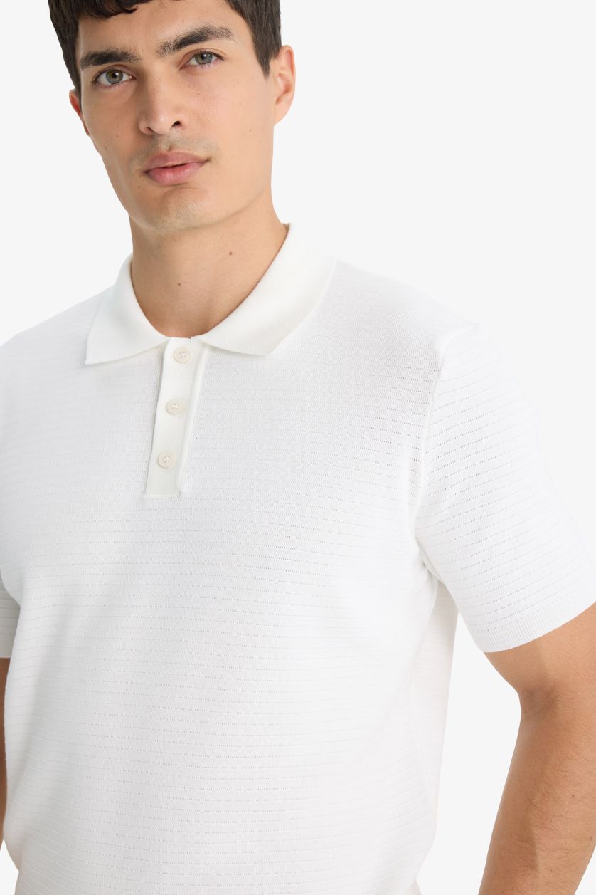 Erkek Ekru Standart Fit Polo Yaka Triko Kısa Kollu Tişört