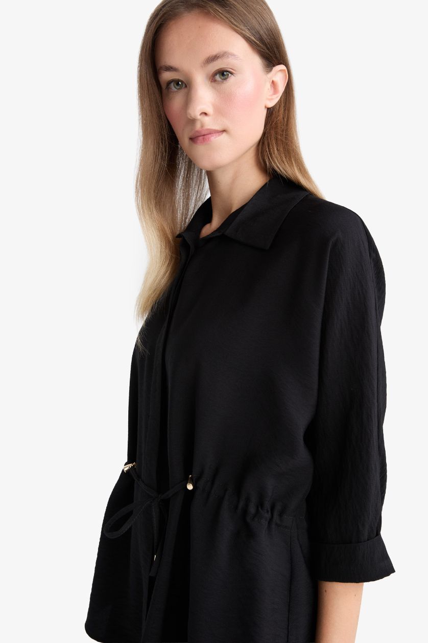 نساء أسود قميص كم طويل بياقة قميص