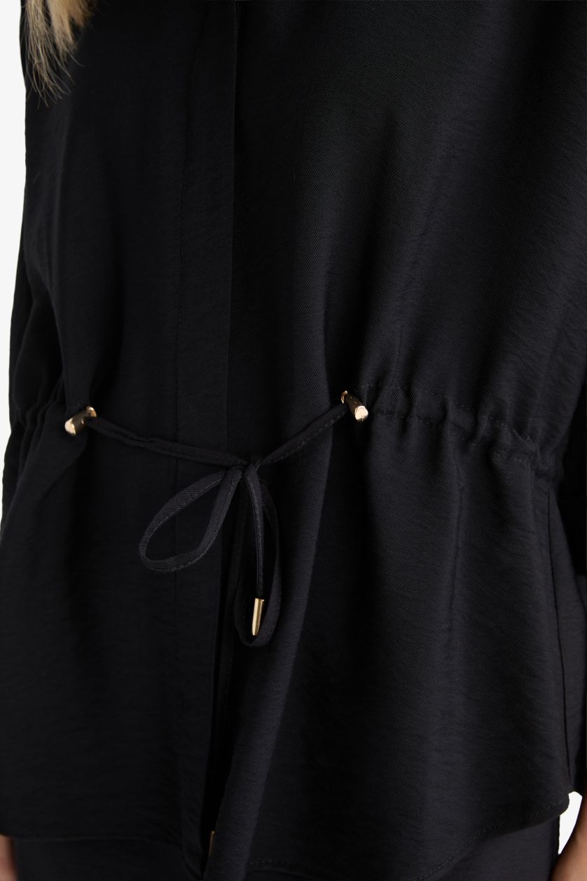 نساء أسود قميص كم طويل بياقة قميص