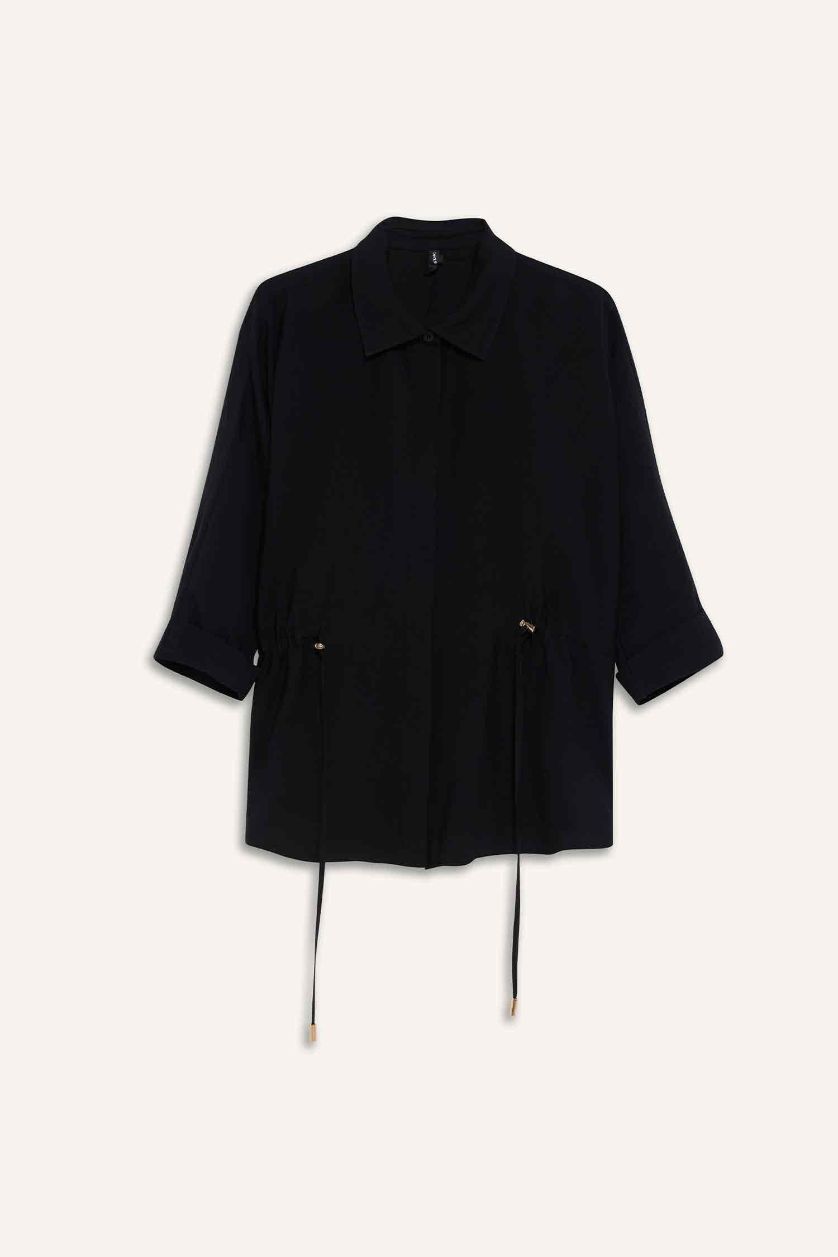 نساء أسود قميص كم طويل بياقة قميص