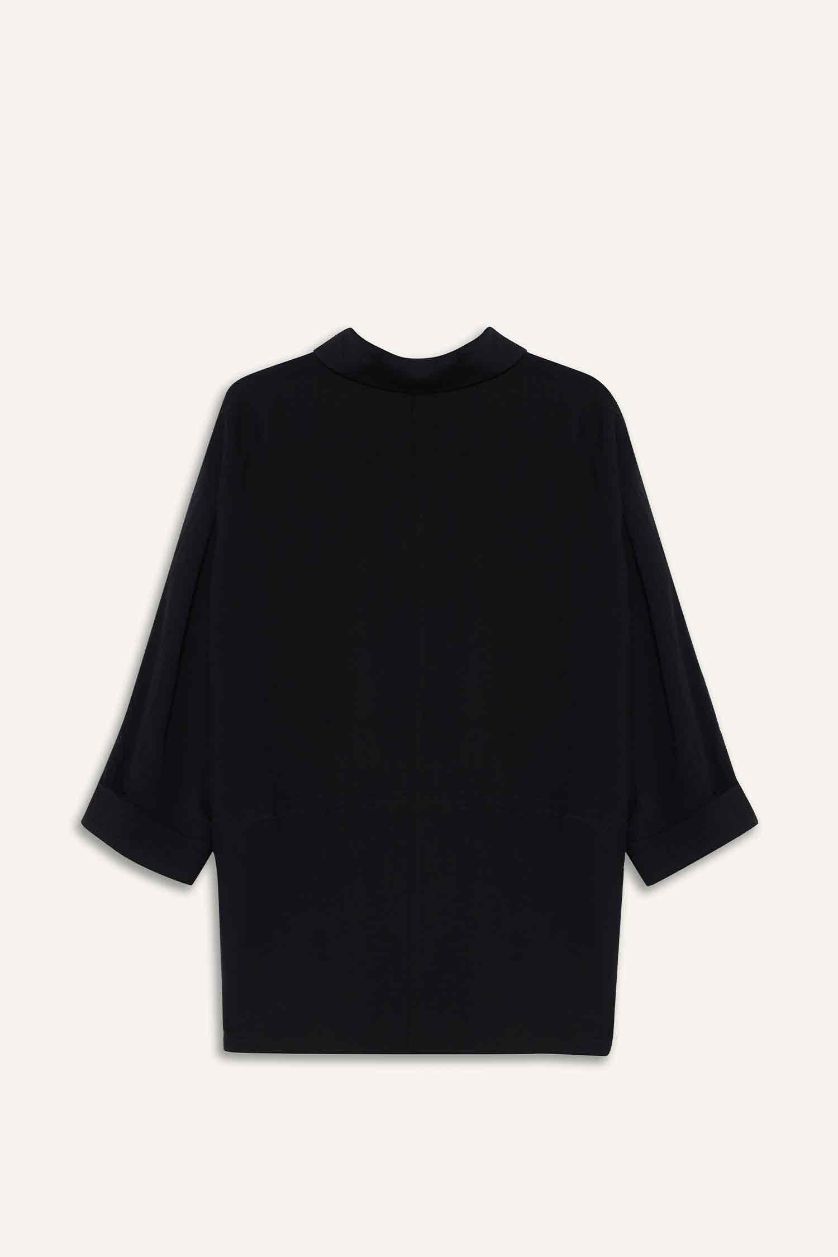 نساء أسود قميص كم طويل بياقة قميص