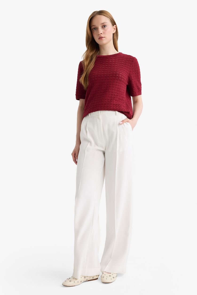 FEMME Bordeaux Pull en maille manches courtes à col rond Coupe régulière