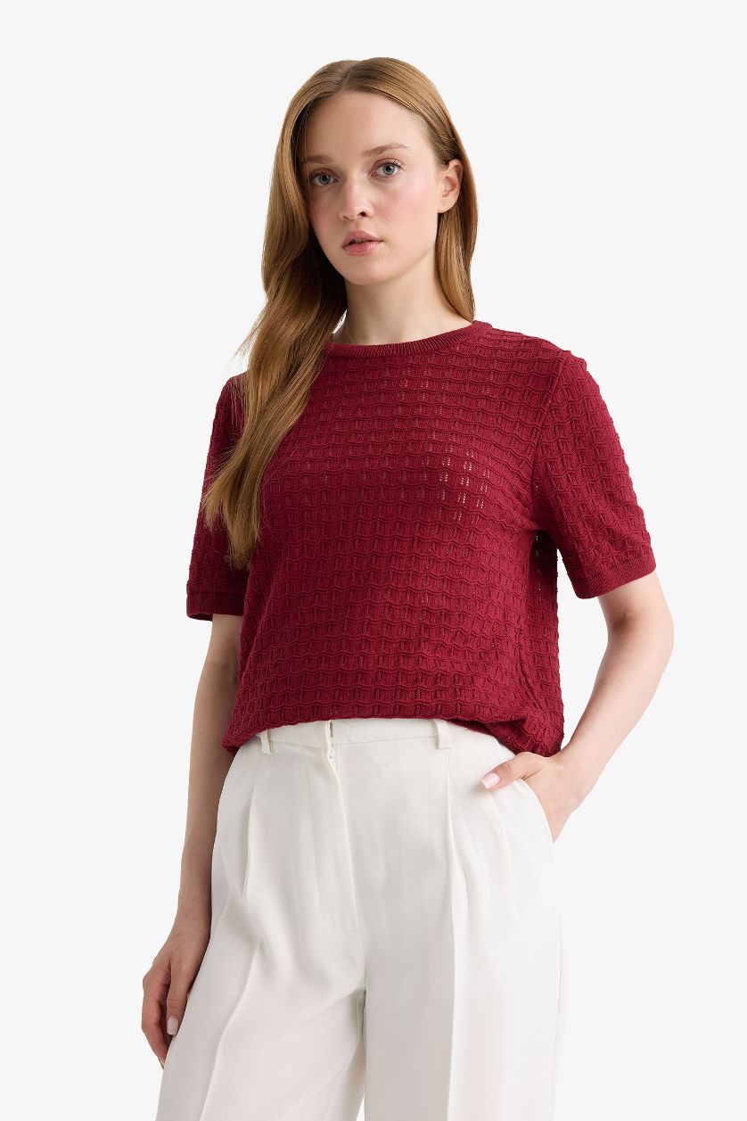 FEMME Bordeaux Pull en maille manches courtes à col rond Coupe régulière