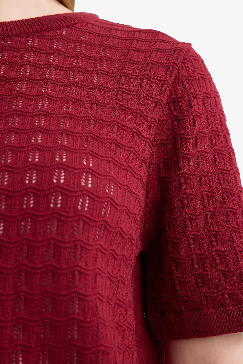 FEMME Bordeaux Pull en maille manches courtes à col rond Coupe régulière