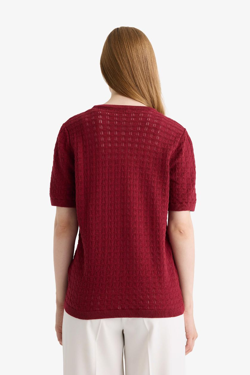 FEMME Bordeaux Pull en maille manches courtes à col rond Coupe régulière