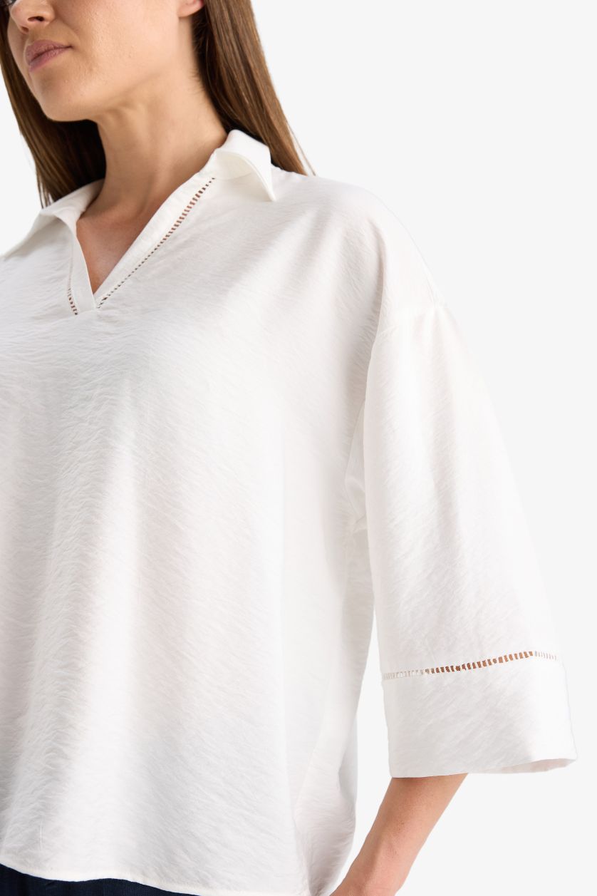 Kadın Ekru Relax Fit Gömlek Yaka Uzun Kollu Bluz