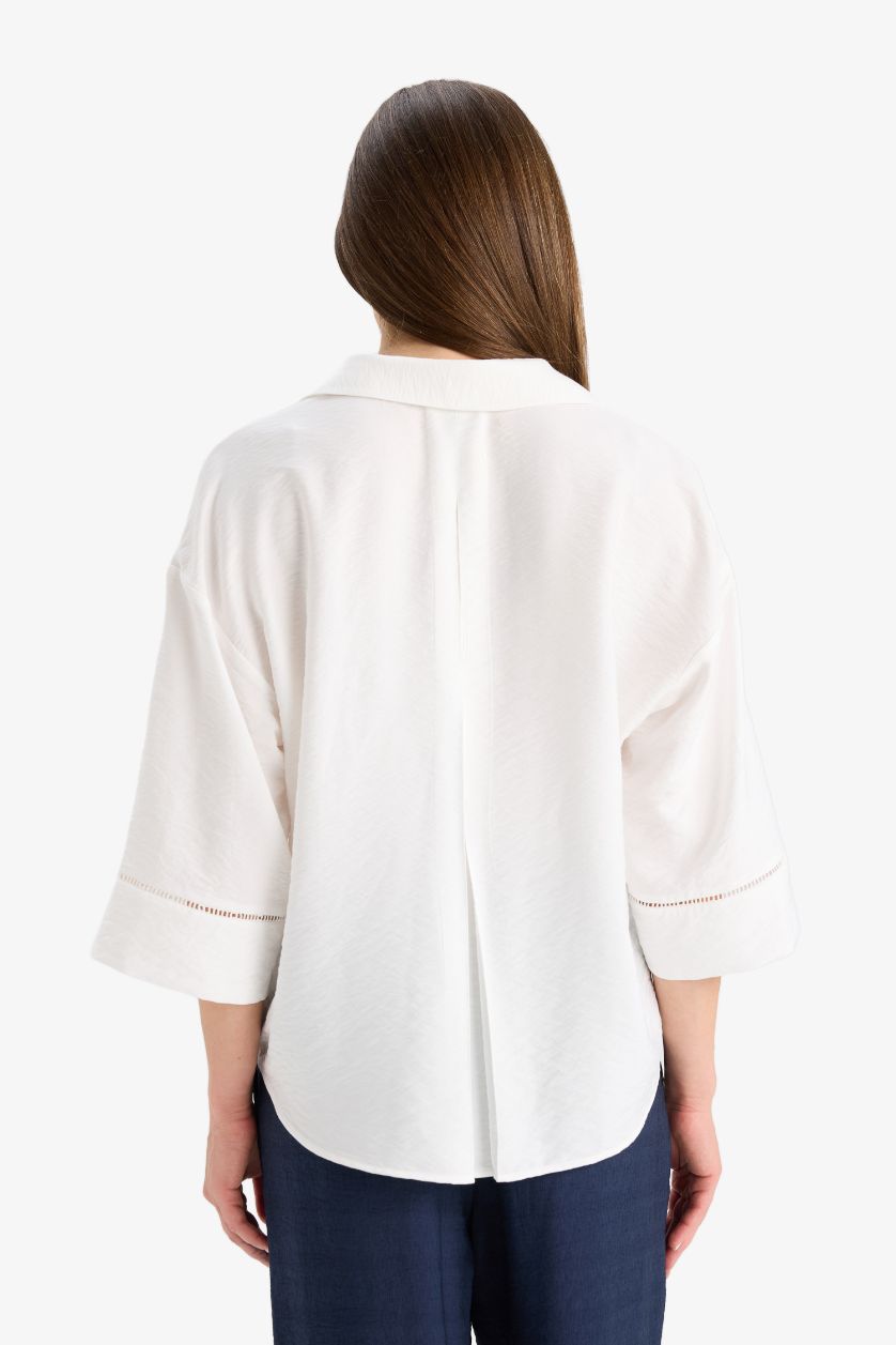 Kadın Ekru Relax Fit Gömlek Yaka Uzun Kollu Bluz