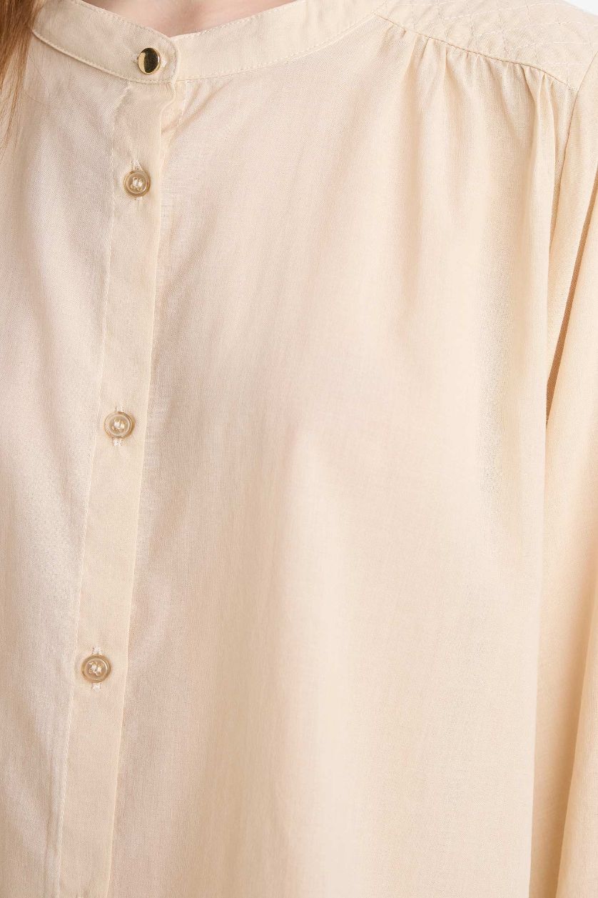 WOMAN Beige Relax Fit Round Collar Voile Long Sleeve Shirt