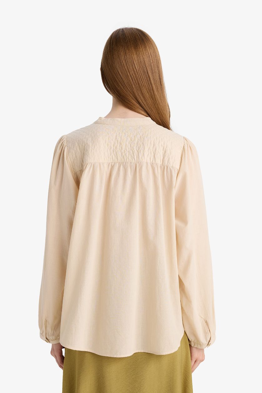 WOMAN Beige Relax Fit Round Collar Voile Long Sleeve Shirt