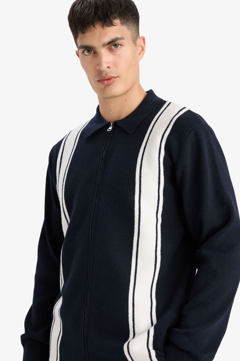 Erkek Lacivert Standart Fit Polo Yaka Fermuarlı Çizgili Triko Hırka