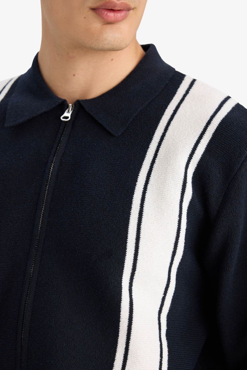 Erkek Lacivert Standart Fit Polo Yaka Fermuarlı Çizgili Triko Hırka