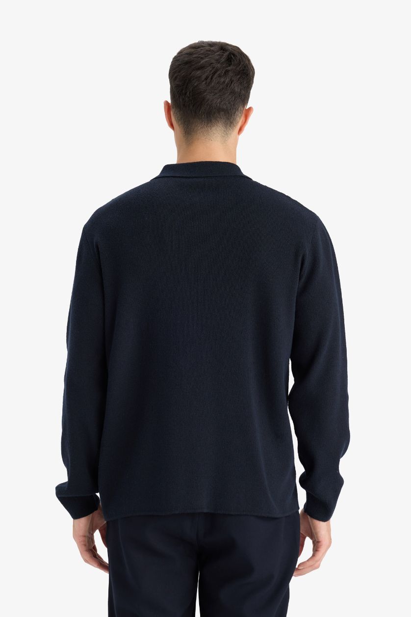 Erkek Lacivert Standart Fit Polo Yaka Fermuarlı Çizgili Triko Hırka