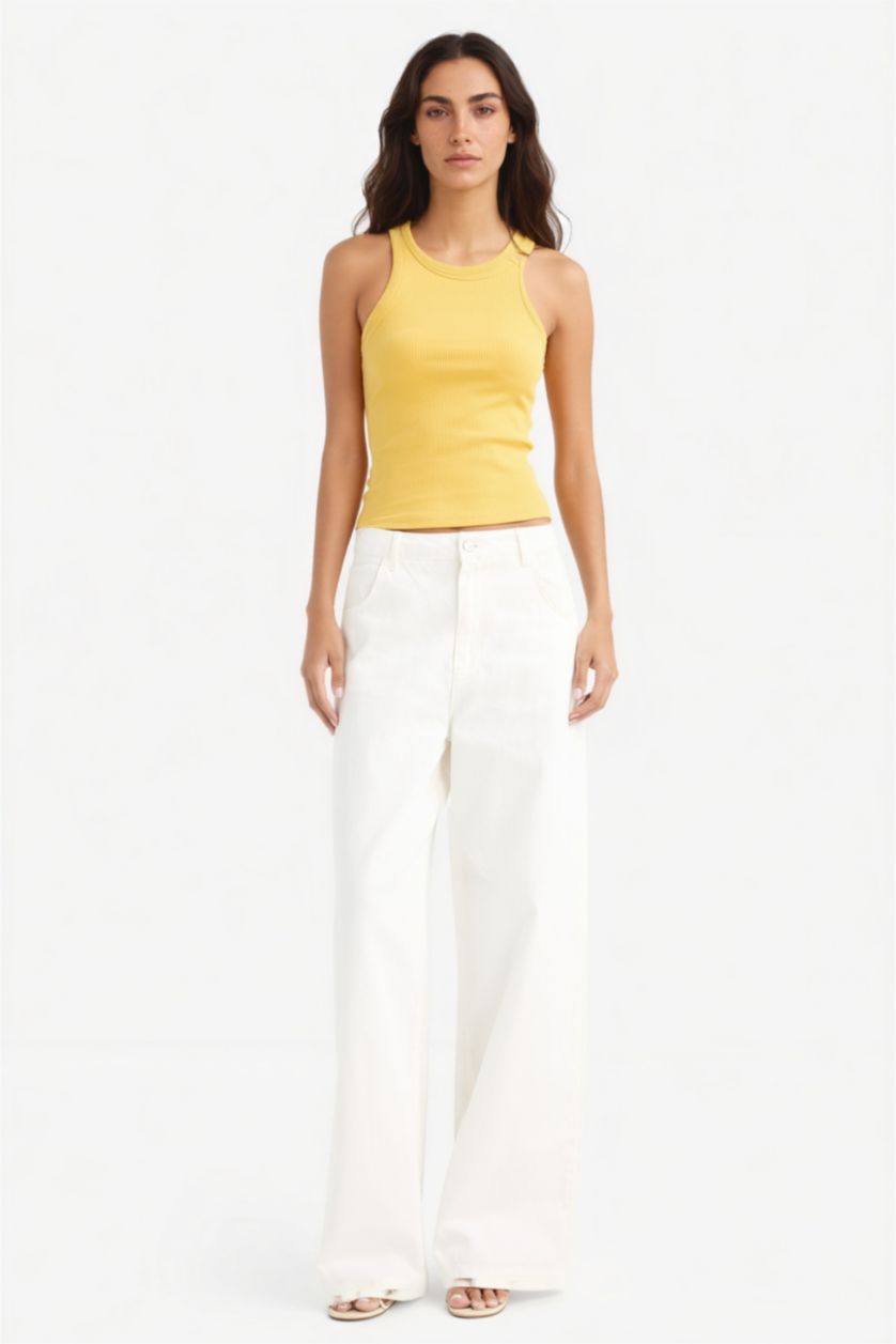 Kadın Sarı Slım Fıt Bisiklet Yaka Fitilli Kaşkorse Atlet