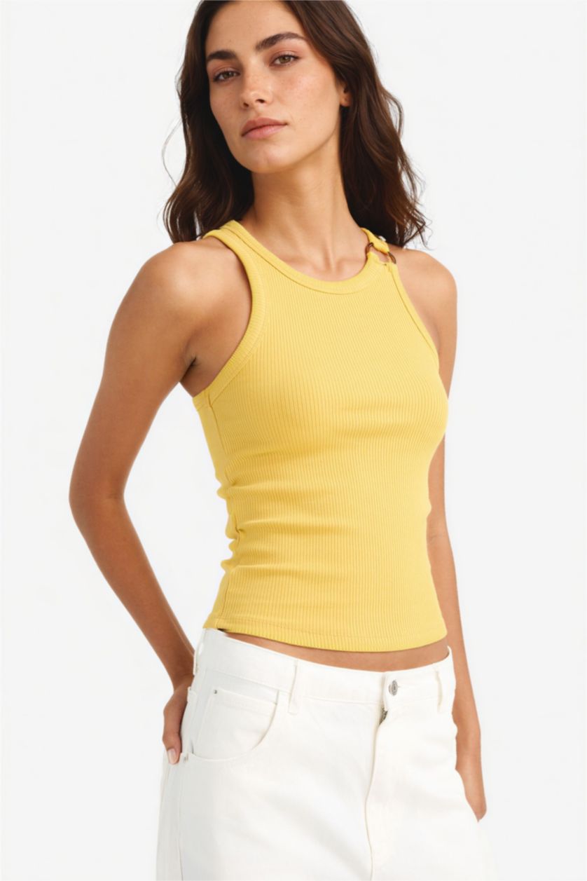 Kadın Sarı Slım Fıt Bisiklet Yaka Fitilli Kaşkorse Atlet