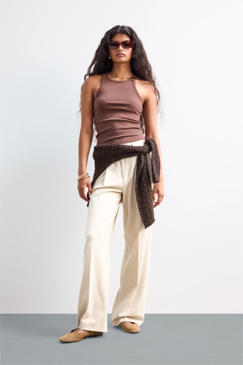 Kadın Kahve Slım Fıt Bisiklet Yaka Fitilli Kaşkorse Atlet