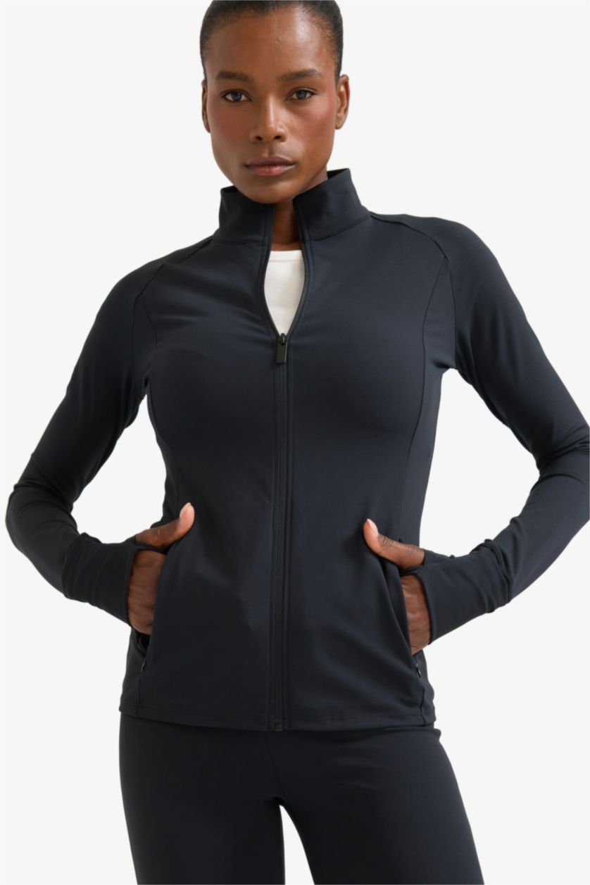 نساء أسود سترة سليم فيت برقبة عالية بجيب من DeFactoFit