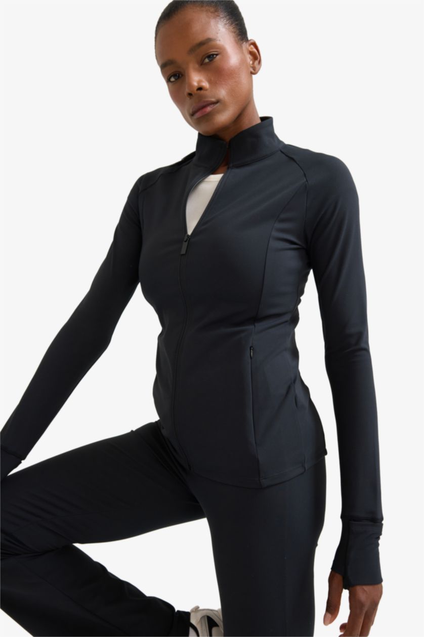 نساء أسود سترة سليم فيت برقبة عالية بجيب من DeFactoFit