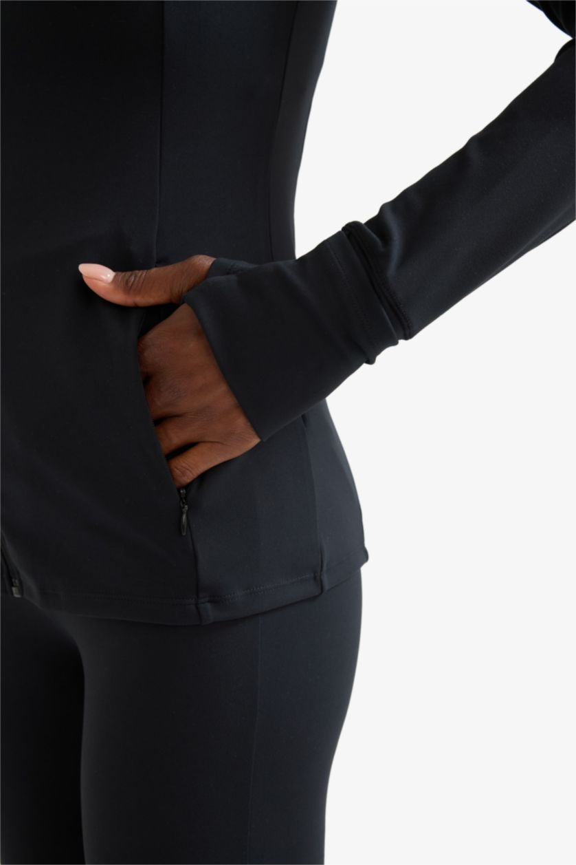 نساء أسود سترة سليم فيت برقبة عالية بجيب من DeFactoFit