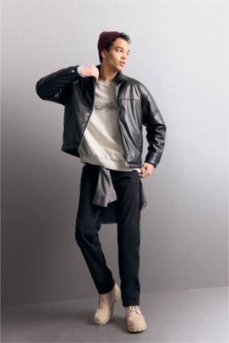 HOMME Noir Veste en similicuir à col contraste et poches Coupe décontractée