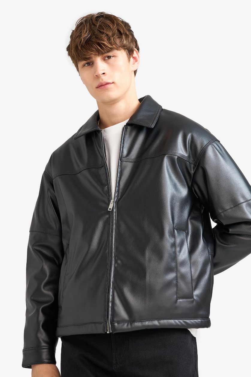 HOMME Noir Veste en similicuir à col contraste et poches Coupe décontractée