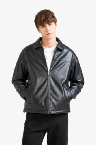 HOMME Noir Veste en similicuir à col contraste et poches Coupe décontractée