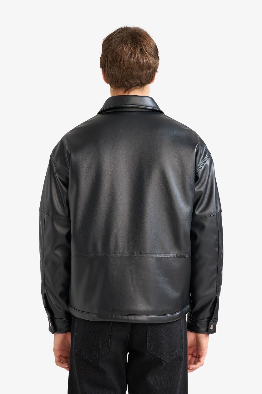 HOMME Noir Veste en similicuir à col contraste et poches Coupe décontractée