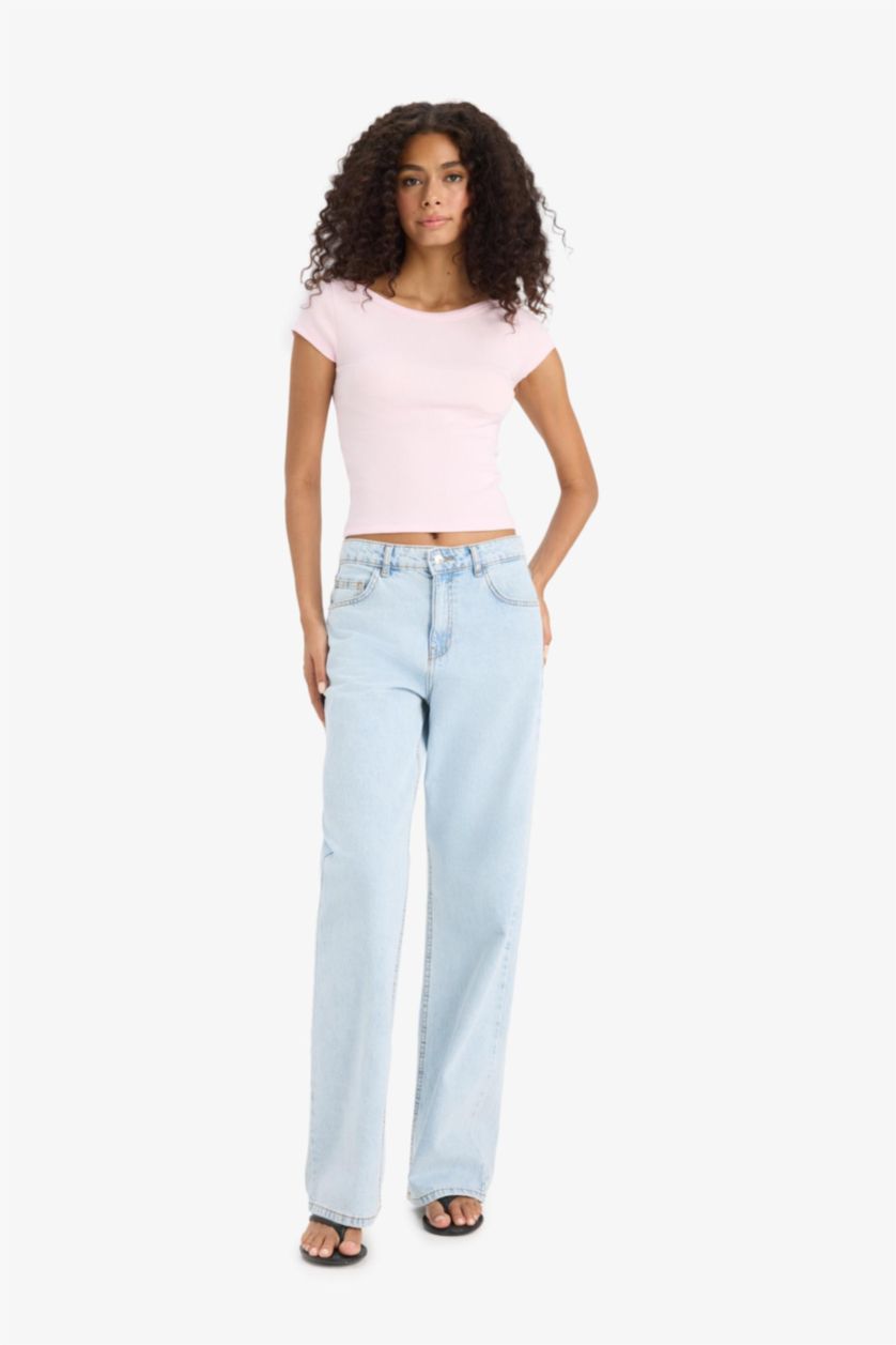 نساء زهري فاتح تيشيرت نص ردن سليم فيت مضلع وياخة عريضة