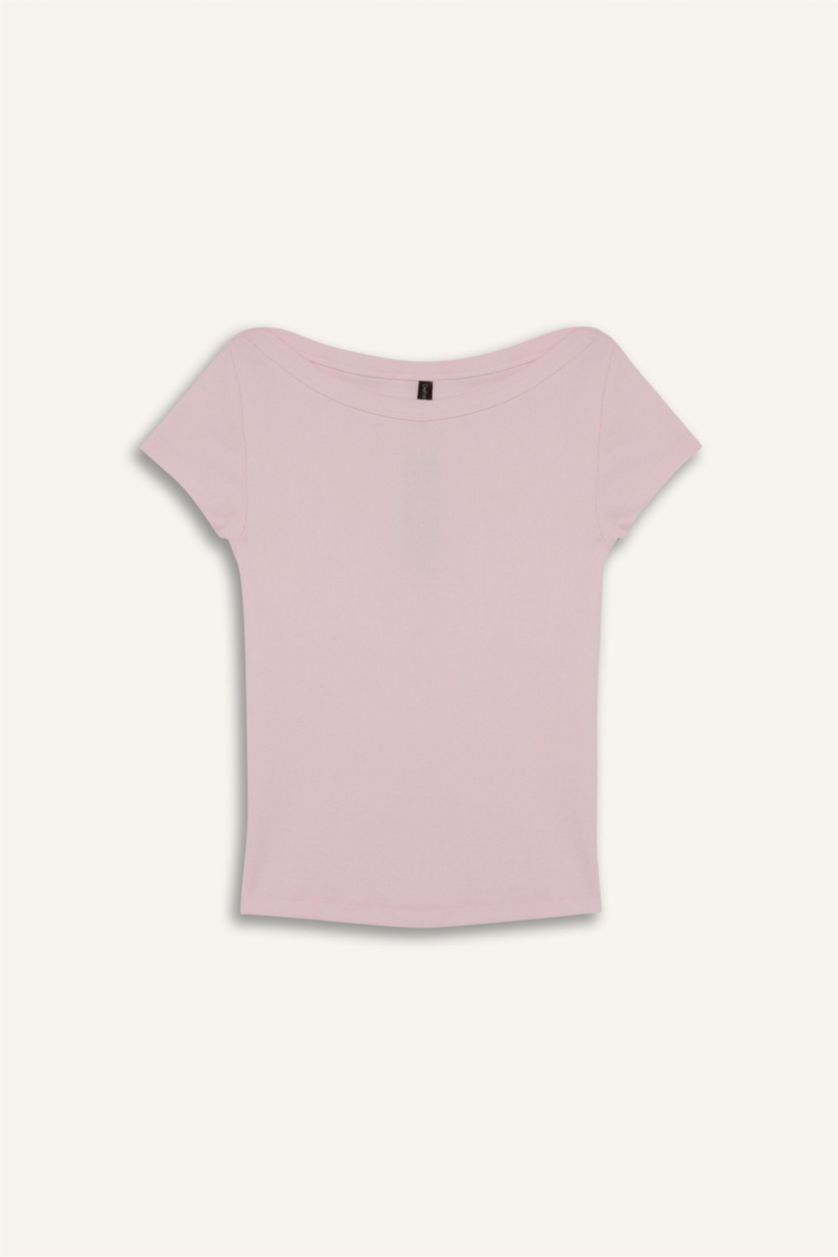 نساء زهري فاتح تيشيرت نص ردن سليم فيت مضلع وياخة عريضة