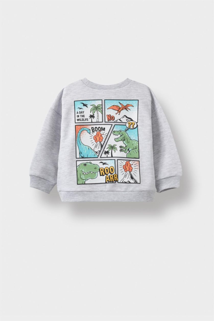 Baby Boy Light Grey Baby Boy Crew Neck Dinosaur Printed Sweatshirt