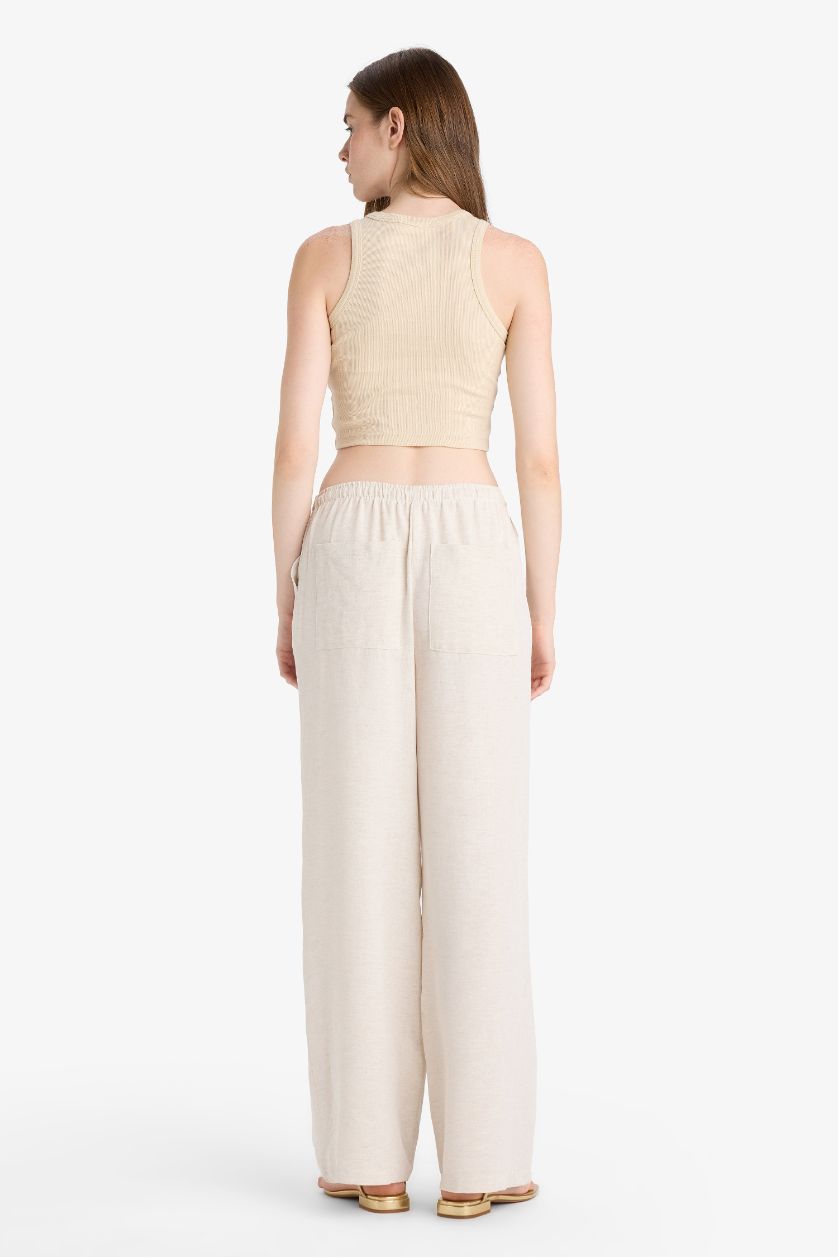 Kadın Bej Wıde Leg Cepli Yüksek Bel Standart Boy Keten Karışımlı Pantolon