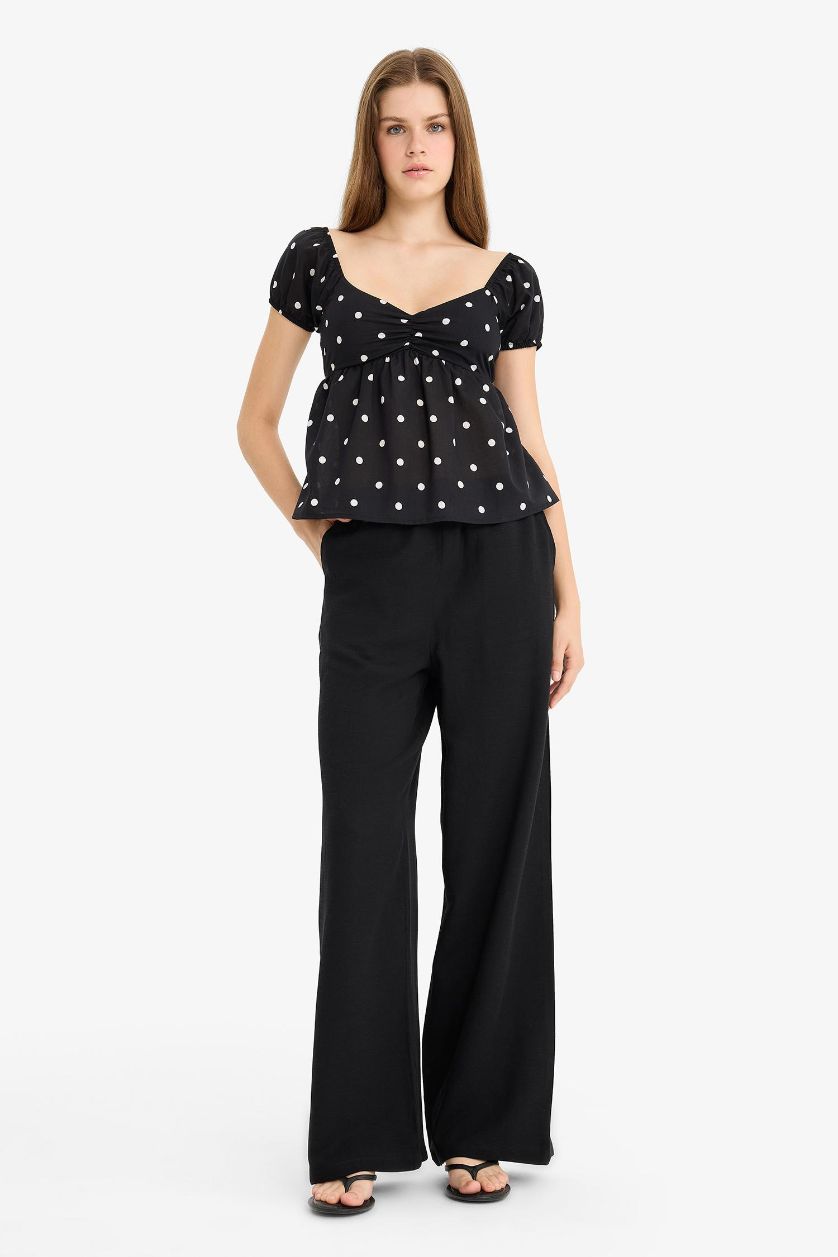 WOMAN Black Wide Leg With Pockets Linen Blended Trousers