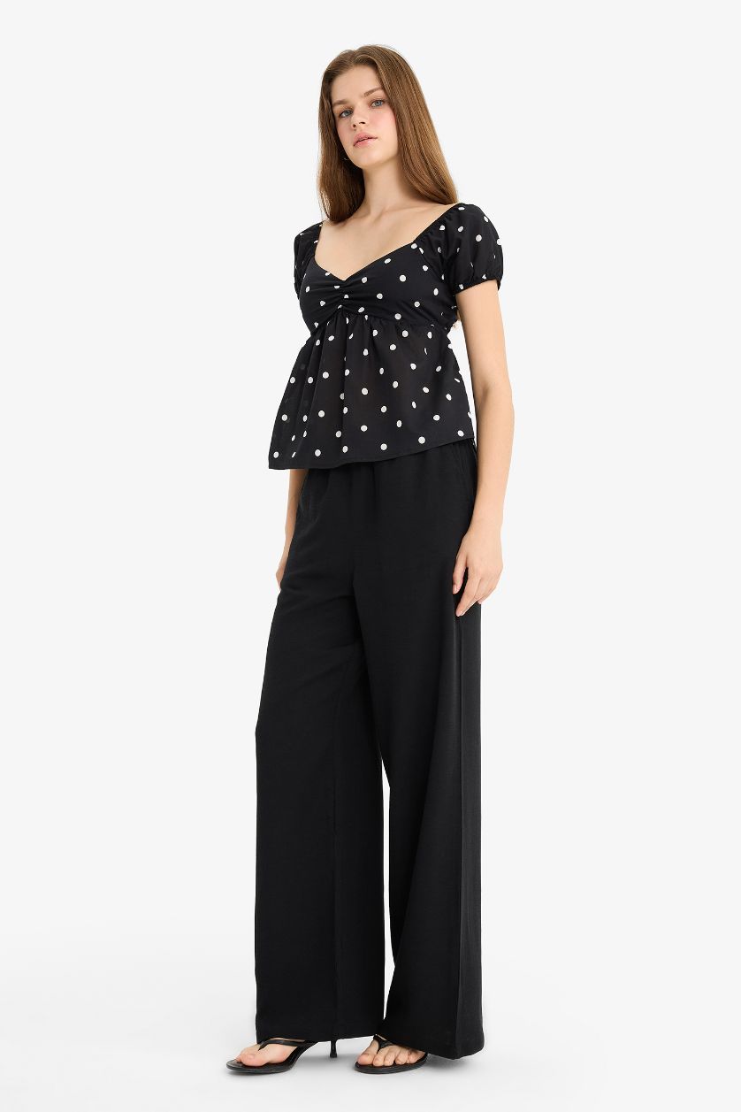 WOMAN Black Wide Leg With Pockets Linen Blended Trousers