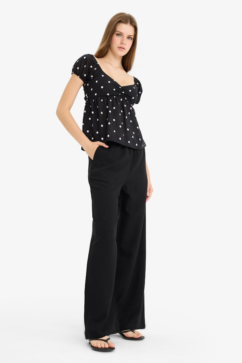 WOMAN Black Wide Leg With Pockets Linen Blended Trousers