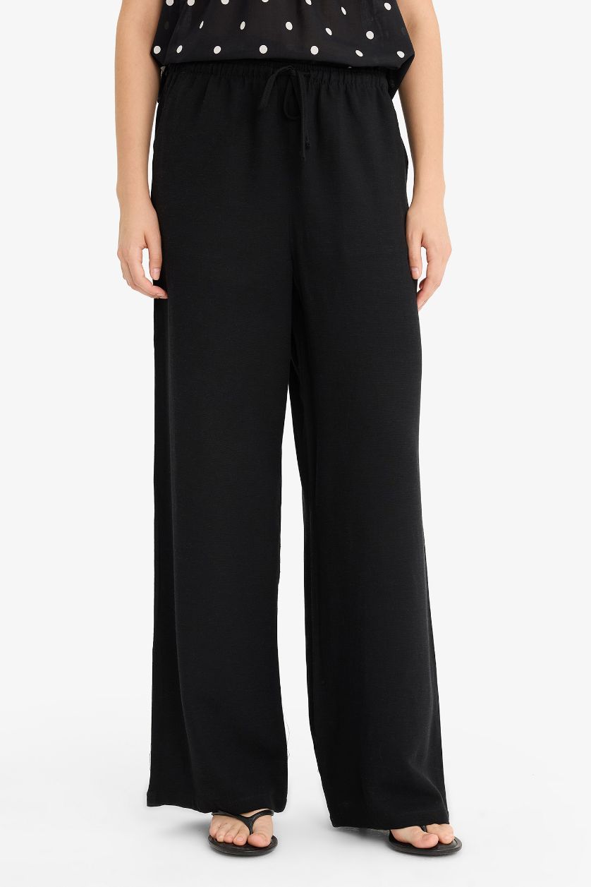 WOMAN Black Wide Leg With Pockets Linen Blended Trousers