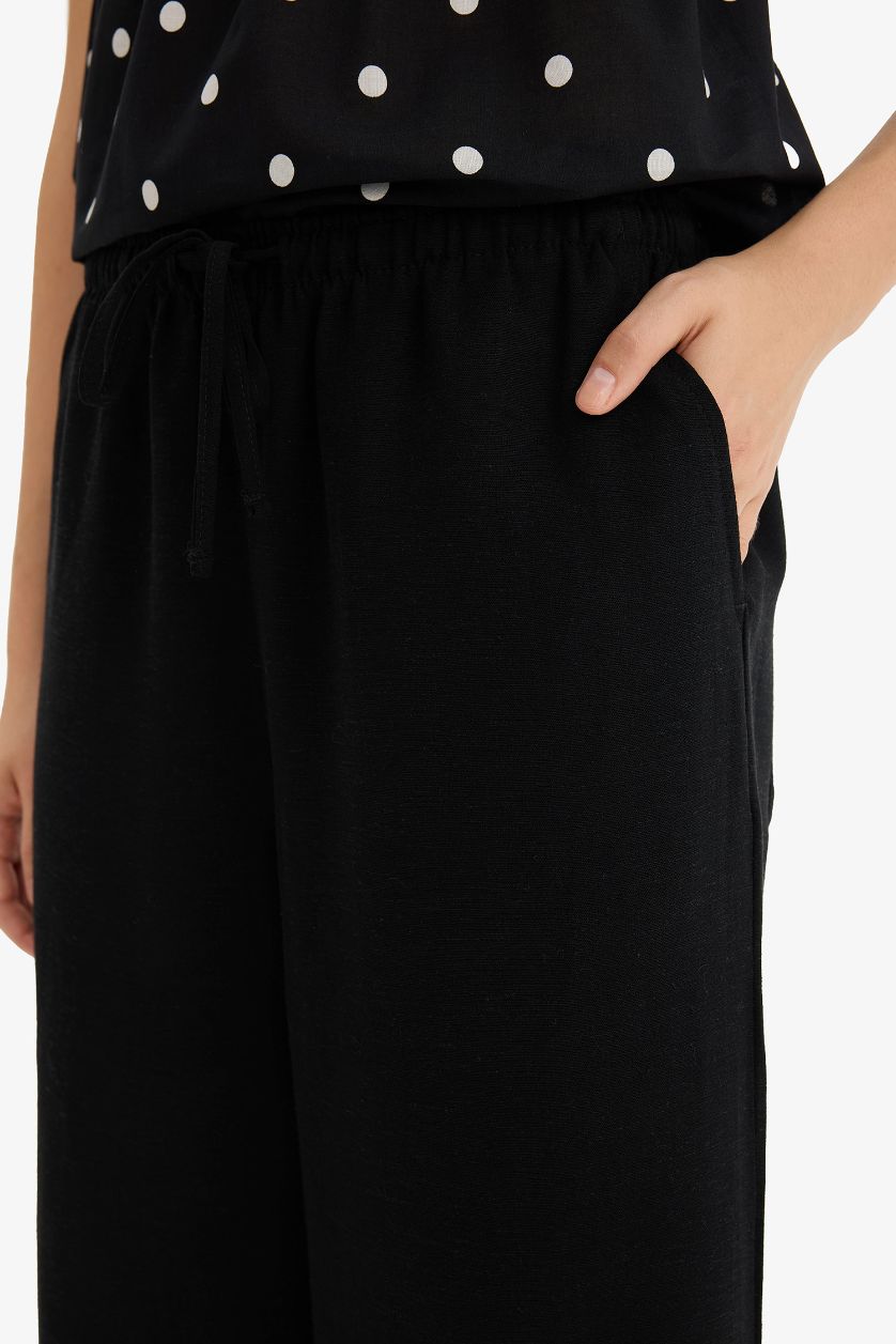 WOMAN Black Wide Leg With Pockets Linen Blended Trousers