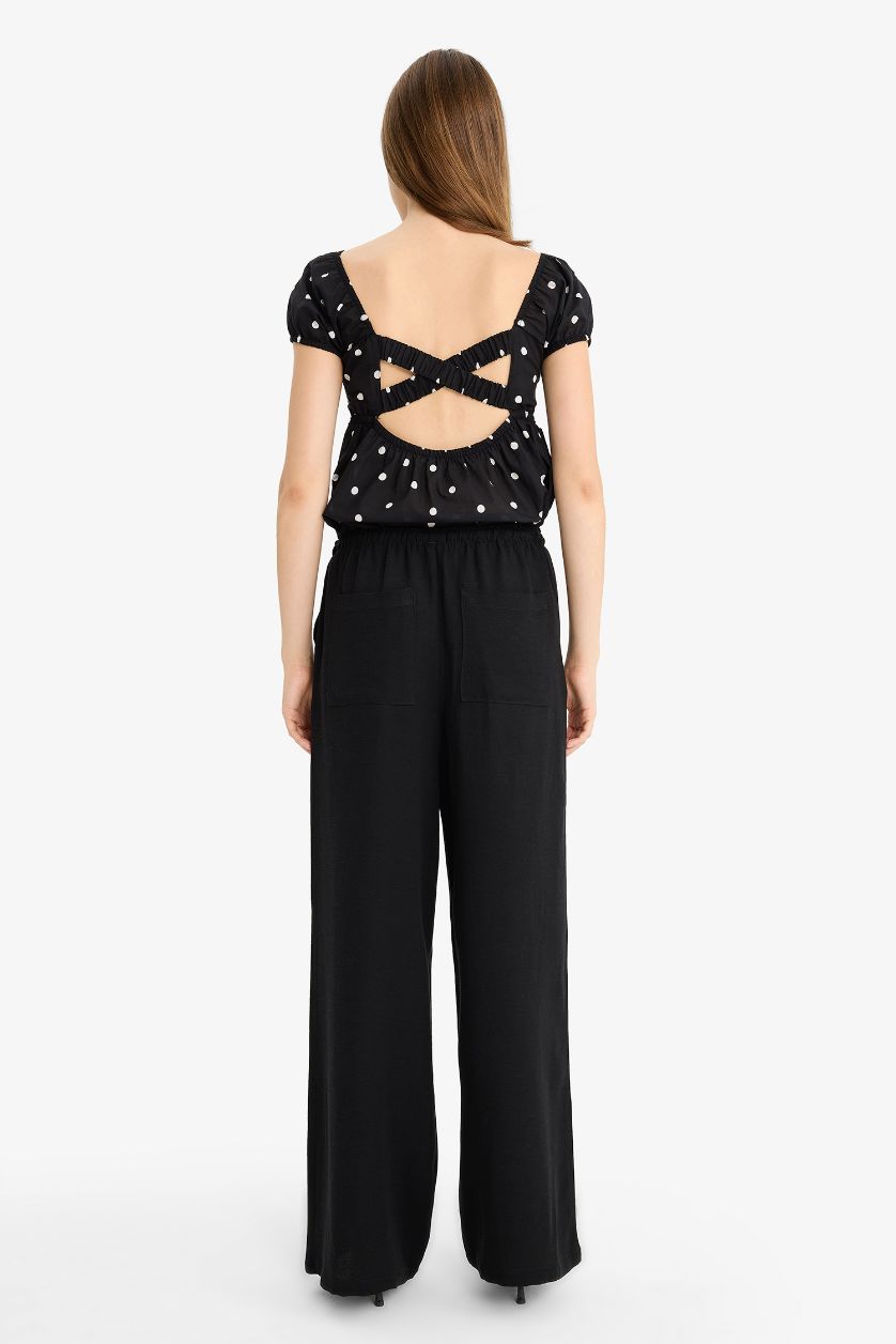WOMAN Black Wide Leg With Pockets Linen Blended Trousers