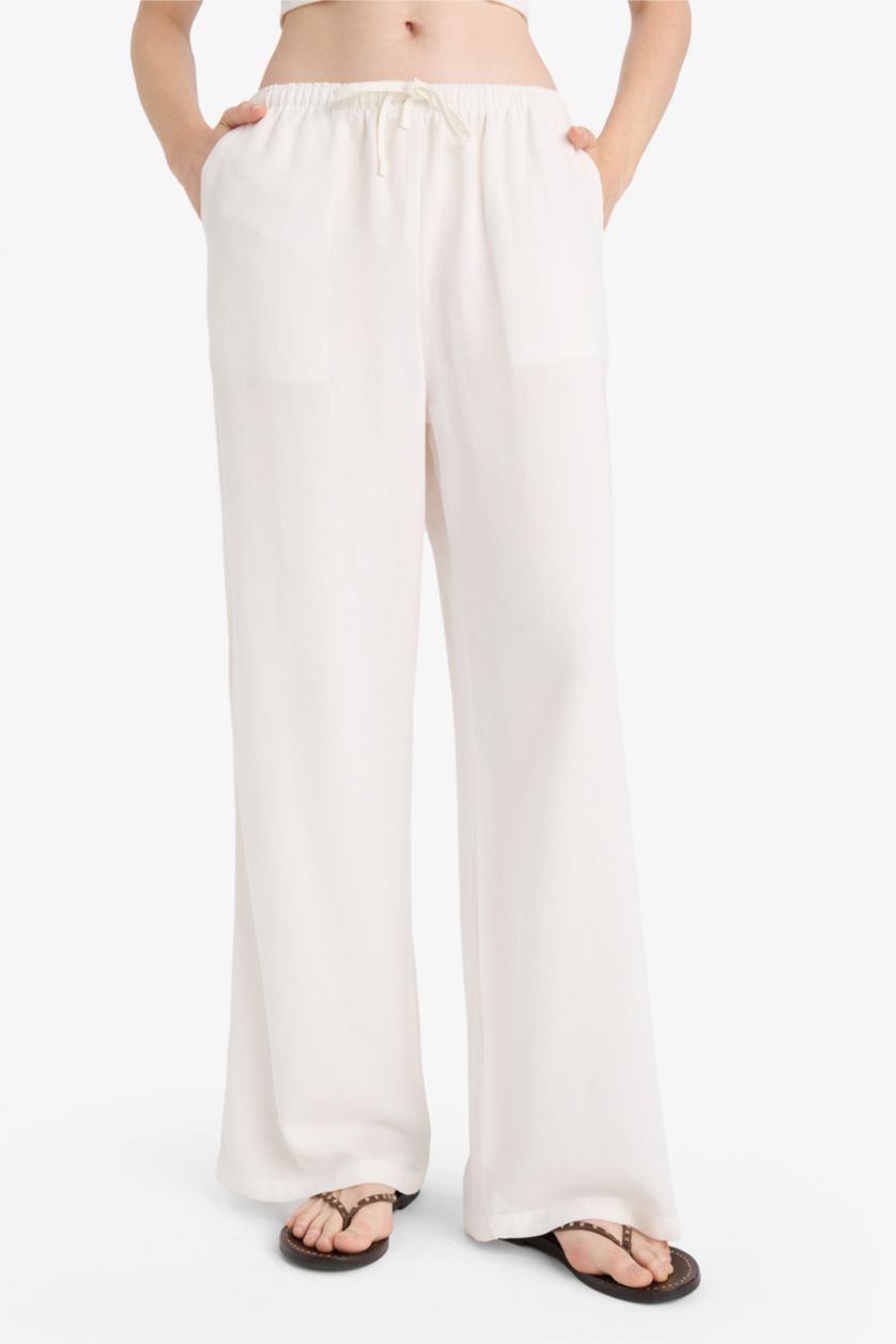 حريمي اوف وايت بنطلون من مزيج الكتان وايد ليج بجيب