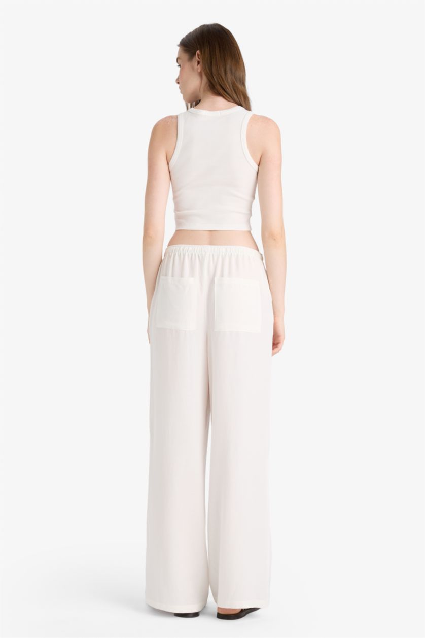 حريمي اوف وايت بنطلون من مزيج الكتان وايد ليج بجيب