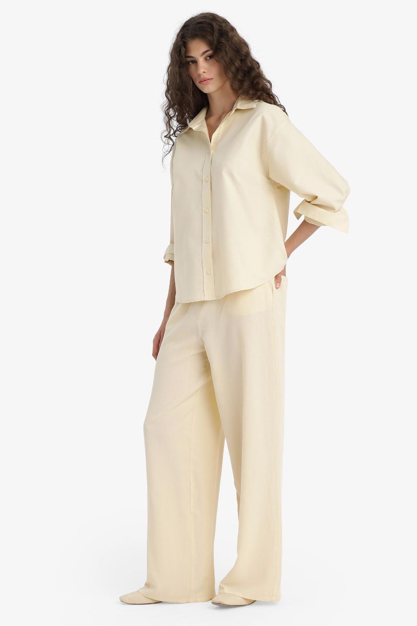 Woman Beige Wide Leg With Pockets Linen Blended Trousers
