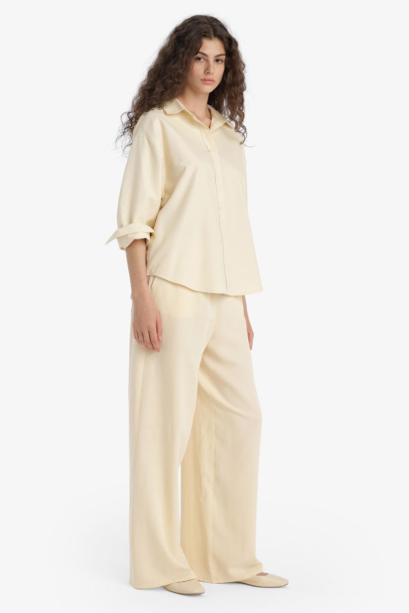 Woman Beige Wide Leg With Pockets Linen Blended Trousers