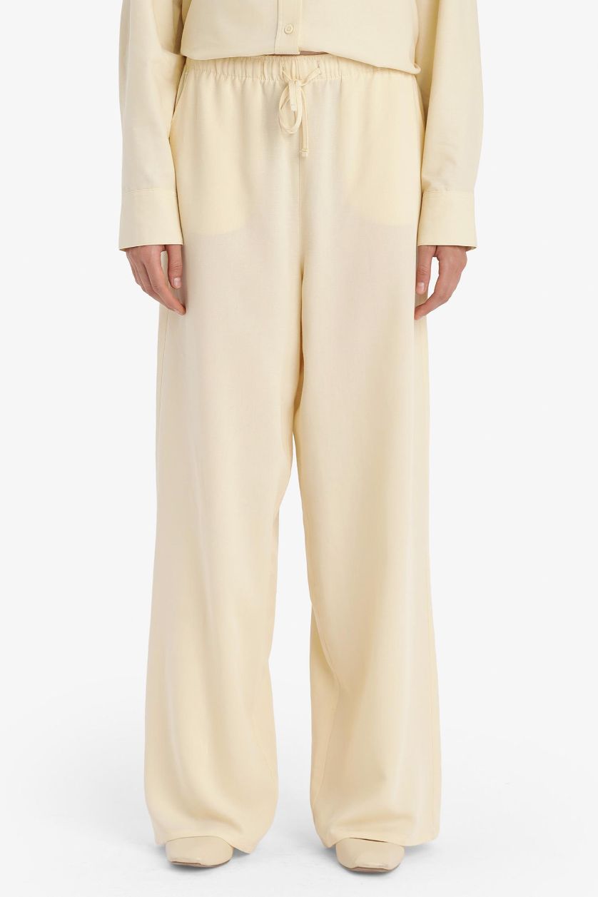 Woman Beige Wide Leg With Pockets Linen Blended Trousers