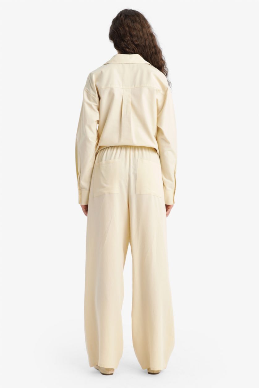 Woman Beige Wide Leg With Pockets Linen Blended Trousers