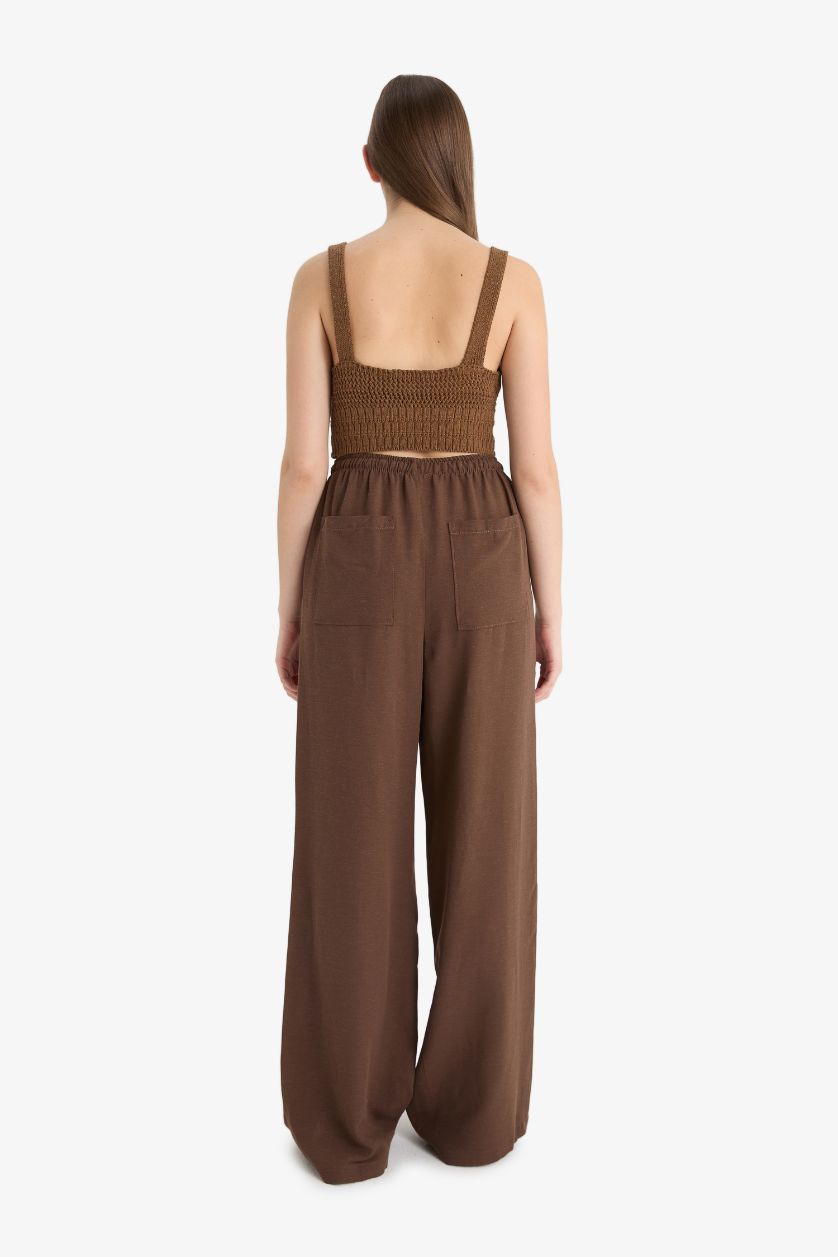 Kadın Açık Kahve Wıde Leg Cepli Yüksek Bel Standart Boy Keten Karışımlı Pantolon