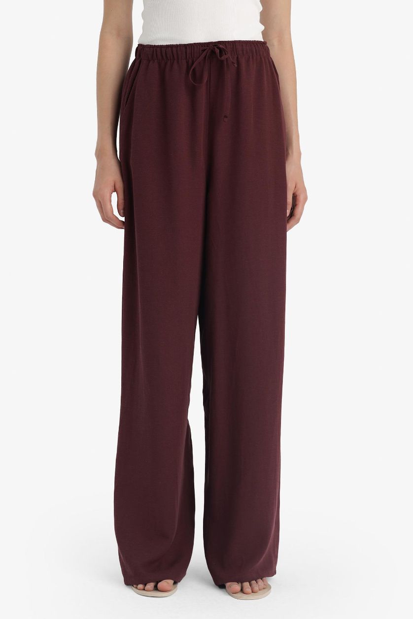 نساء خمري بنطرون برجل واسع وايد ليج بجيب وخصر عالي