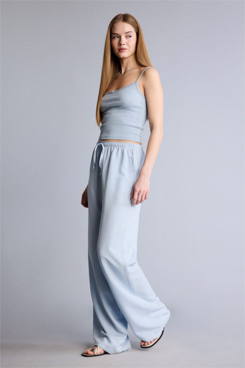 Kadın Açık Mavi Wıde Leg Yüksek Bel Keten Karışımlı Pantolon
