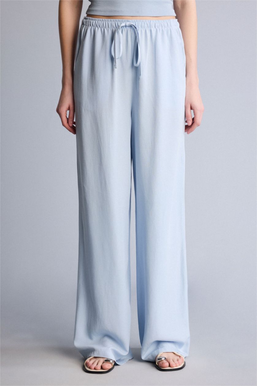 Kadın Açık Mavi Wıde Leg Yüksek Bel Keten Karışımlı Pantolon