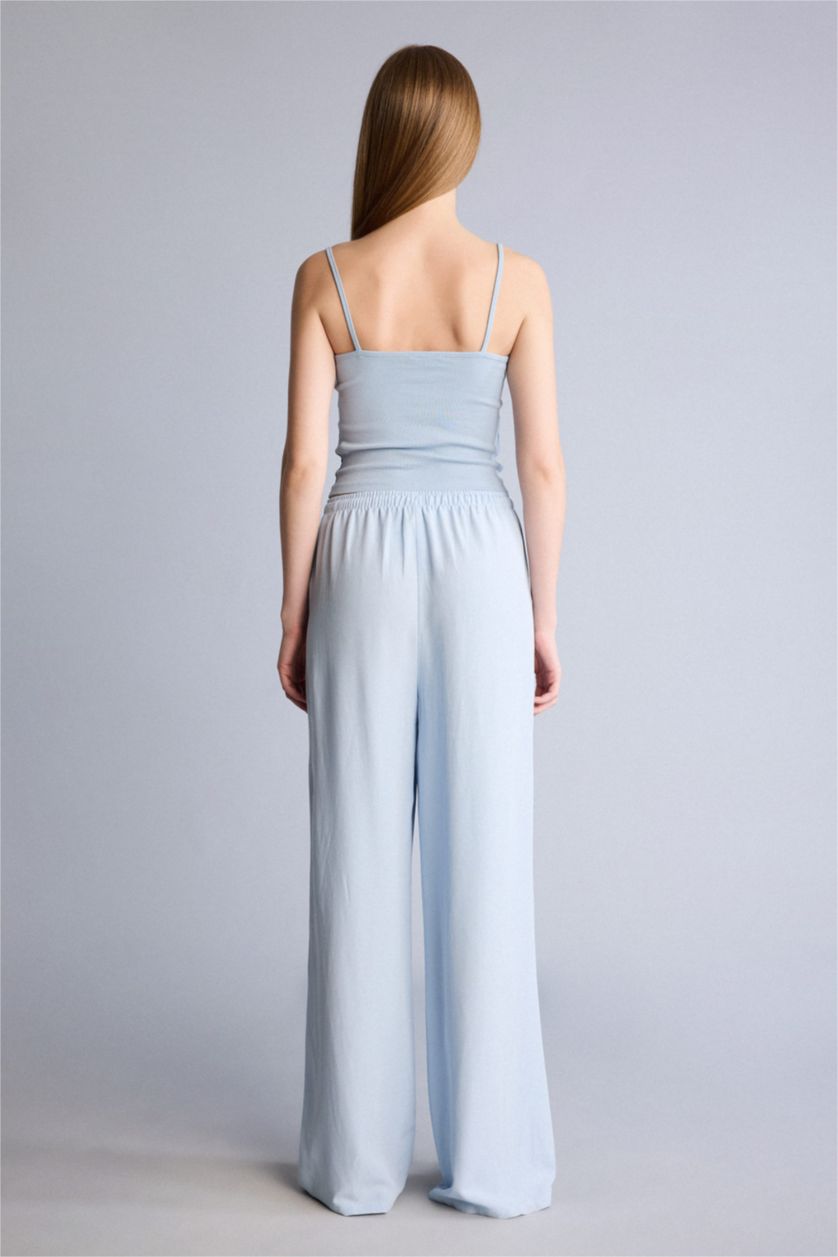 Kadın Açık Mavi Wıde Leg Yüksek Bel Keten Karışımlı Pantolon