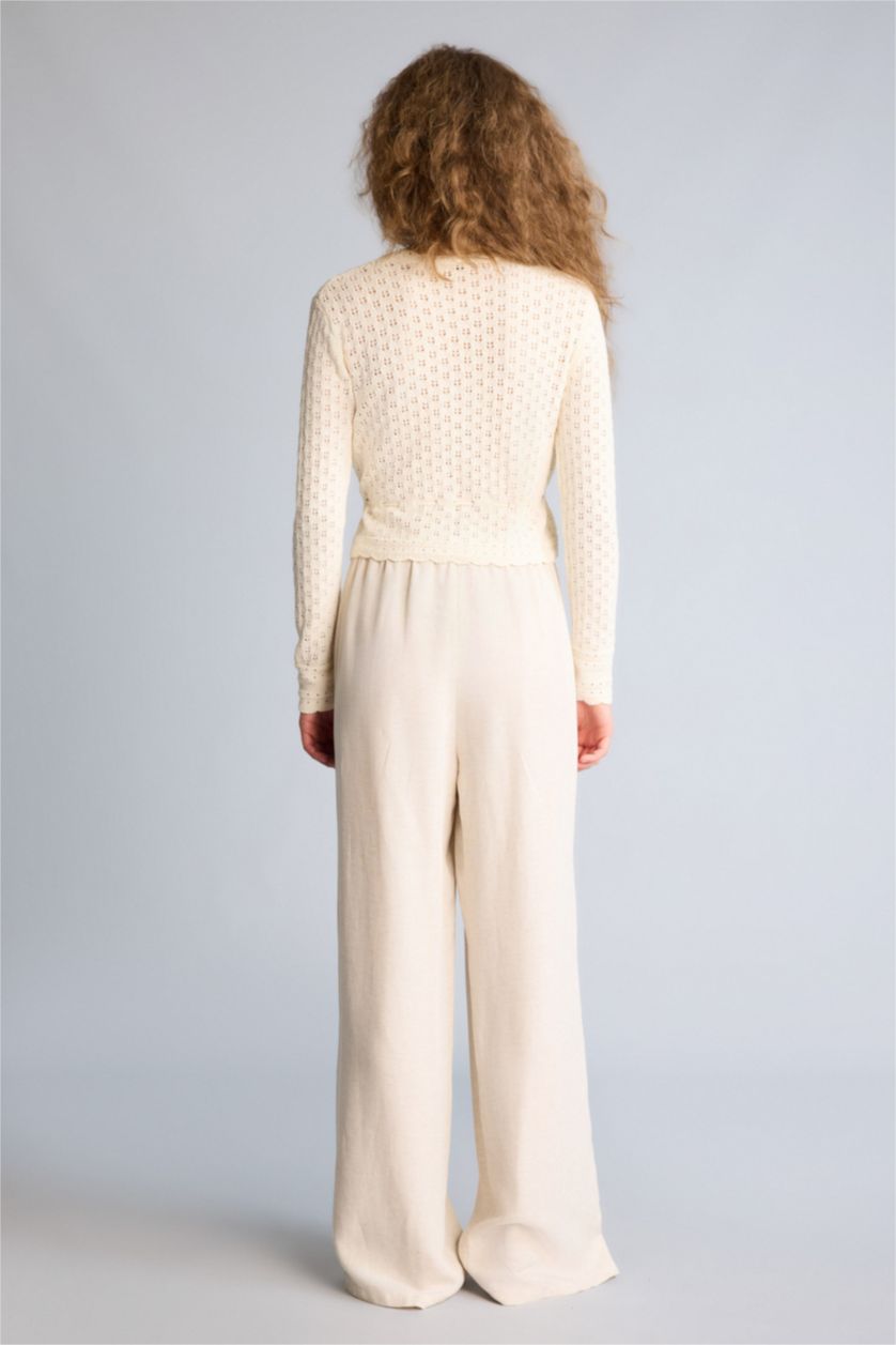 Kadın Bej Wıde Leg Cepli Yüksek Bel Standart Boy Keten Karışımlı Pantolon