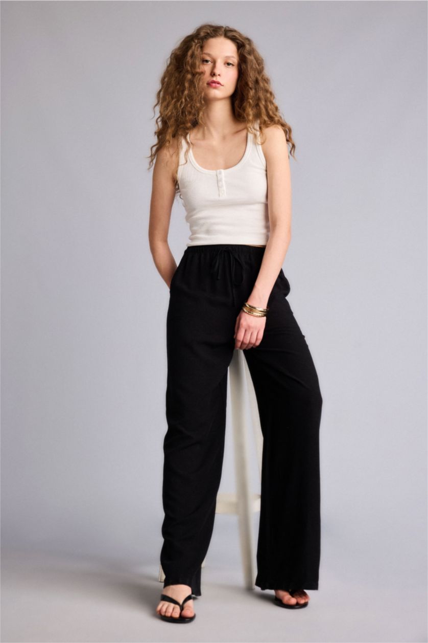 WOMAN Black Wide Leg With Pockets Linen Blended Trousers