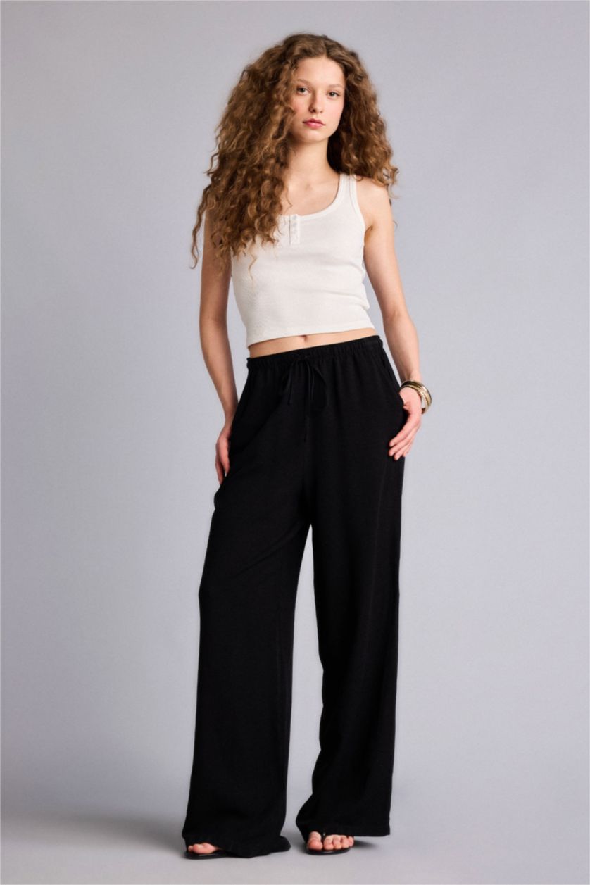 WOMAN Black Wide Leg With Pockets Linen Blended Trousers